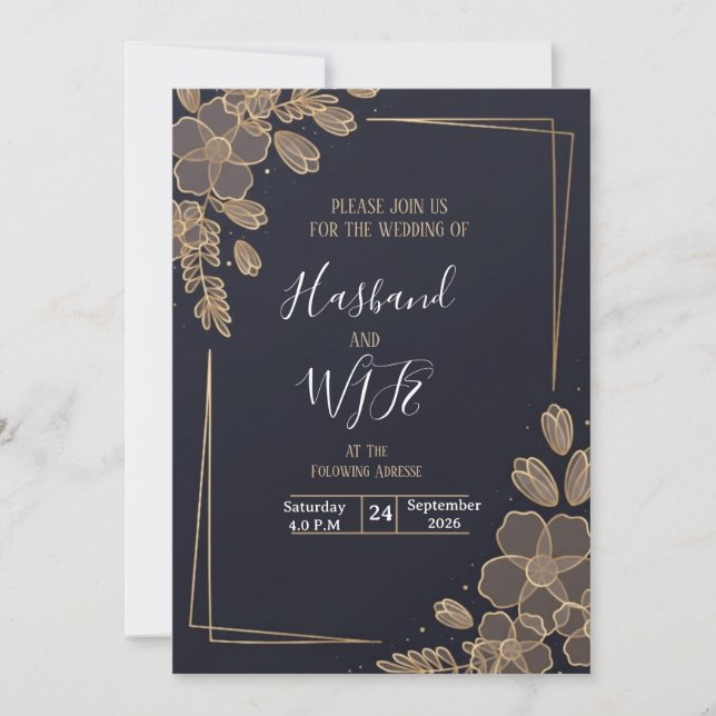 Invitation Chic Gold Line Art Flowers  (Devant)