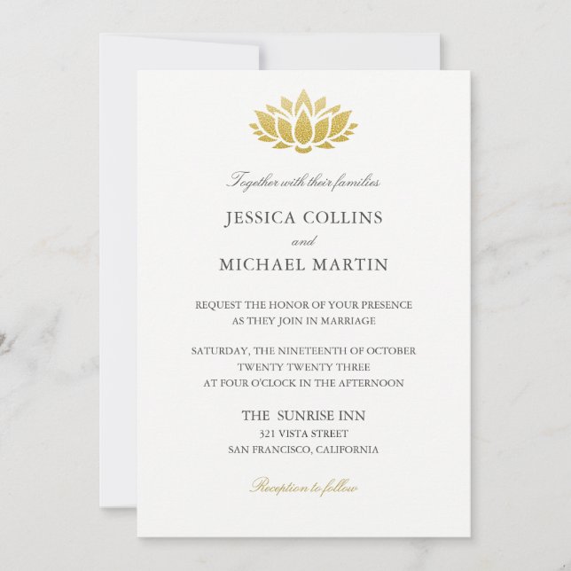 Invitation Chic Gold Lotus Flower personnalisé mariage invita (Devant)