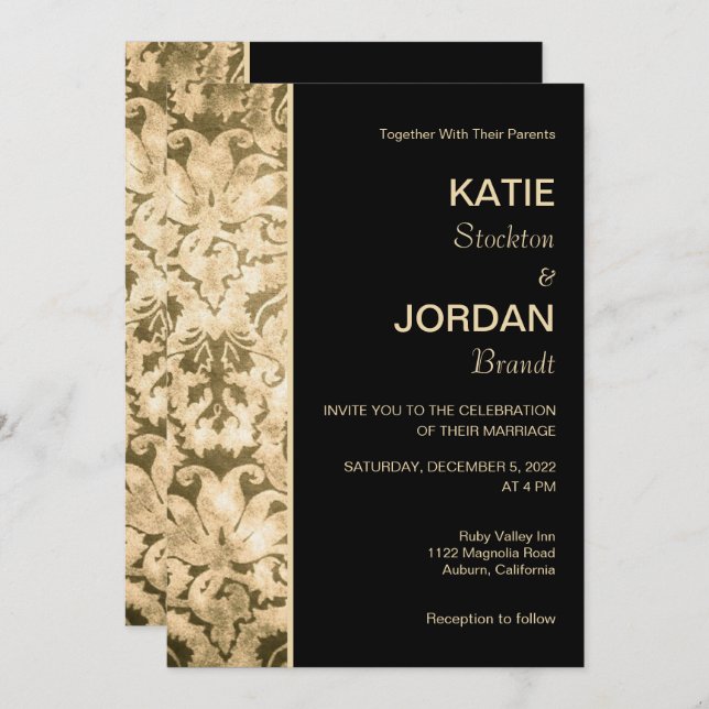 Invitation Chic Gold Mariage damassé (Devant / Derrière)