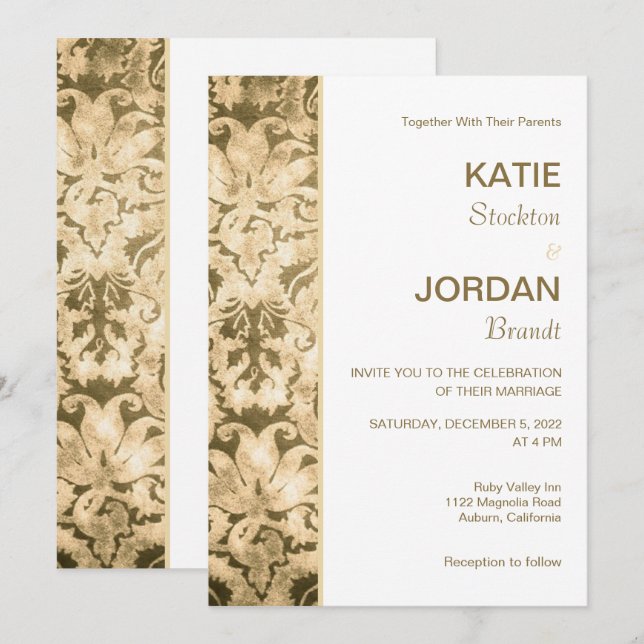 Invitation Chic Gold Mariage damassé (Devant / Derrière)
