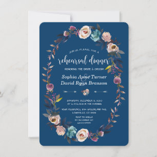Invitation Chic Gold Navy Blue White Floral Dîner de répétiti