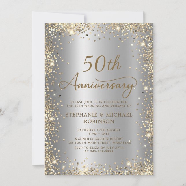 Invitation Chic Gold Parties scintillant Silver 50e anniversa (Devant)
