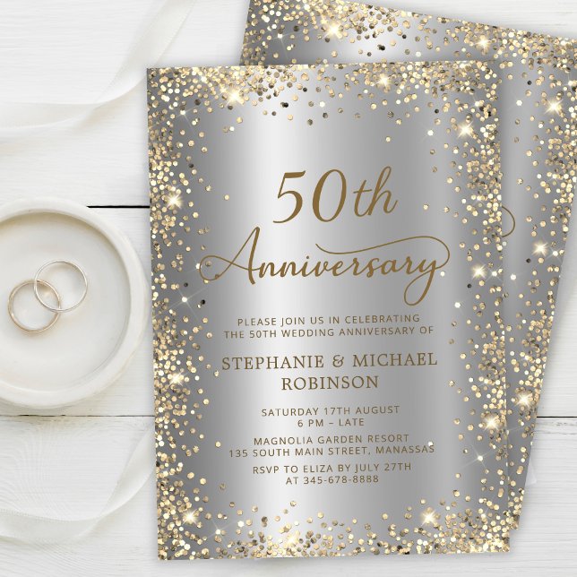 Invitation Chic Gold Parties scintillant Silver 50e anniversa (Créateur téléchargé)