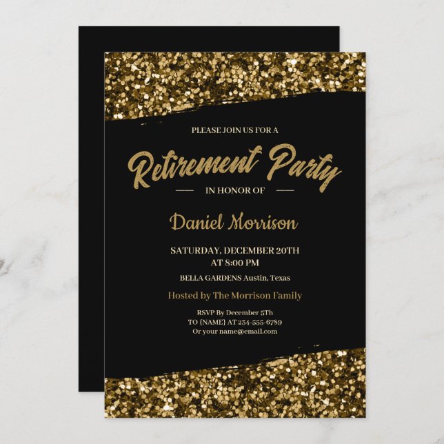 Invitation Chic Gold Parties scintillant Sparkles Retraite Pa (Devant / Derrière)
