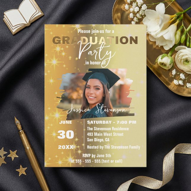 Invitation Chic Gold Sparkly Metallic Photo Graduation Party (Créateur téléchargé)
