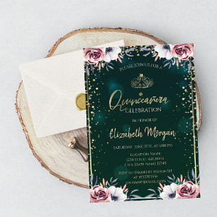 Invitation Chic Gold Tiara, Diamants, Rose Green Quinceañera