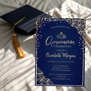 Invitation Chic Gold Tiara, Diamonds Blue Quinceañera