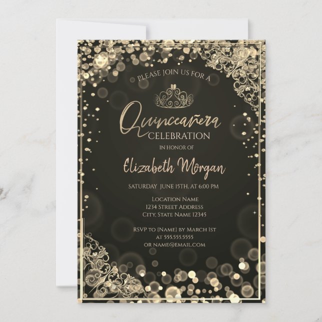 Invitation Chic Gold Tiara, Diamonds Dark Bokeh Quinceañera (Devant)