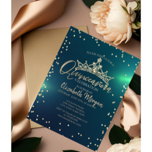 Invitation Chic Gold Tiara, Diamonds Green Quinceañera