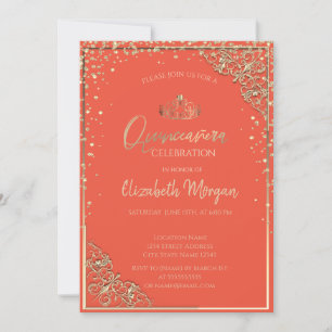 Invitation Chic Gold Tiara, Diamonds Orange Quinceañera