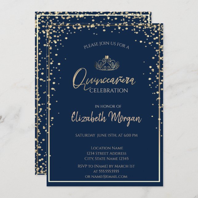 Invitation Chic Gold Tiara, Diamonds Quinceañera (Devant / Derrière)