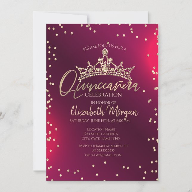 Invitation Chic Gold Tiara,Diamonds Red Quinceañera  (Devant)