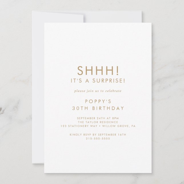 Invitation Chic Gold Typographie Surprise Party (Devant)