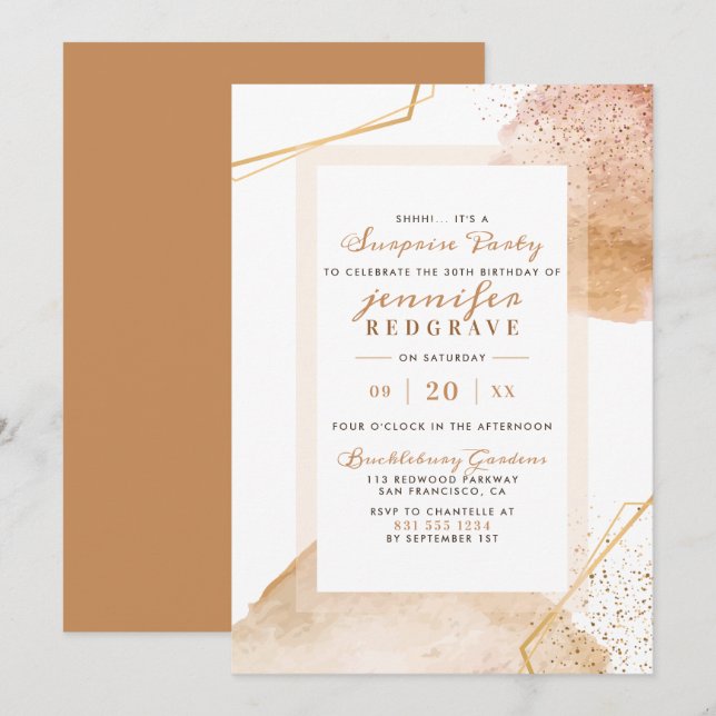 Invitation Chic Golden Abstrait Dots unique Surprise Party (Devant / Derrière)