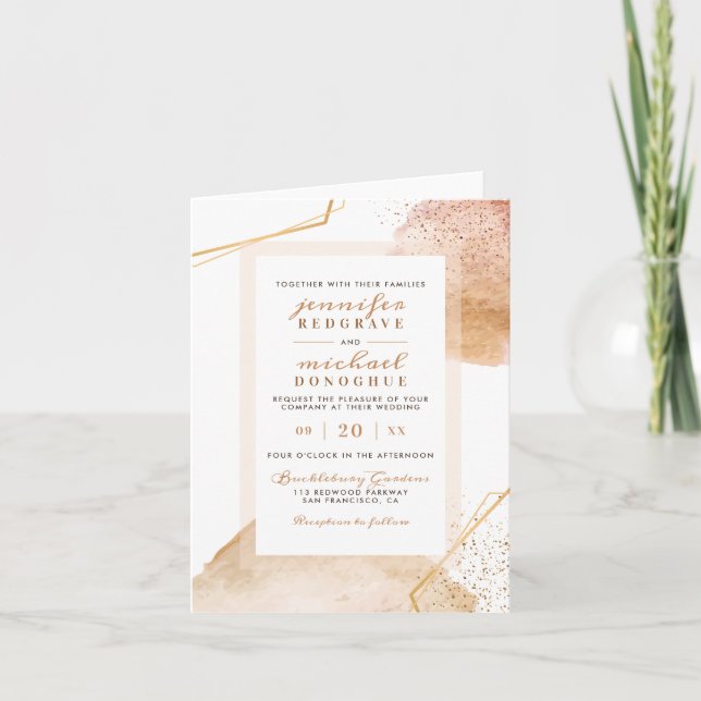 Invitation Chic Golden Watercolor Speckles Mariage géométriqu (Devant)