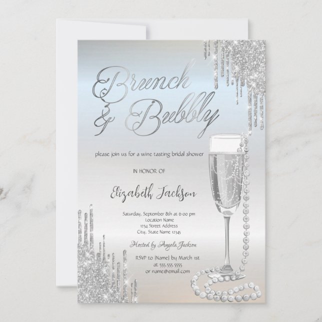 Invitation Chic Gouttes d'Argent Perles Prosecco Enterrement  (Devant)