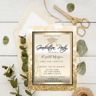 Invitation Chic Graduation Cap, Glass Gold Bokeh Graduation