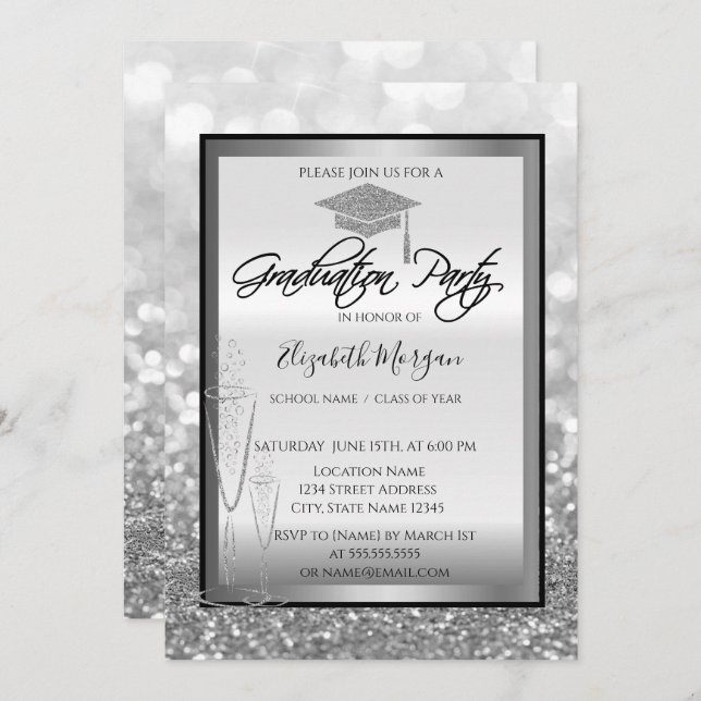 Invitation Chic Graduation Cap, Glass Silver Bokeh Graduation (Devant / Derrière)