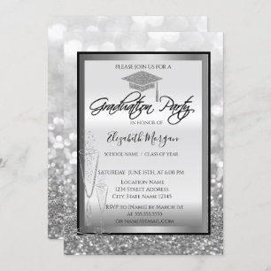 Invitation Chic Graduation Cap, Glass Silver Bokeh Graduation