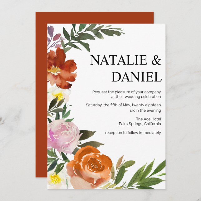 Invitation Chic Grande Orange Brûlée, Mariage Floral Rose (Devant / Derrière)