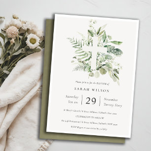 Invitation Chic Green Eucalyptus Fern Foliage Croix Baptême