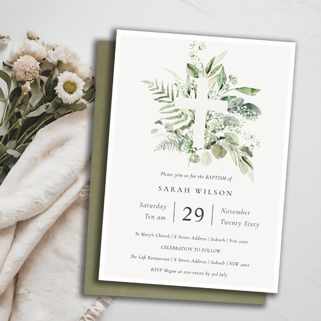 Invitation Chic Green Eucalyptus Fern Foliage Croix Baptême (Créateur téléchargé)
