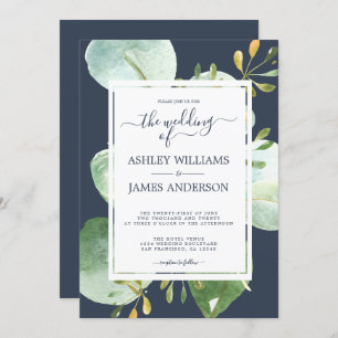Invitation Chic Green Eucalyptus Marine Bleu Mariage botaniqu