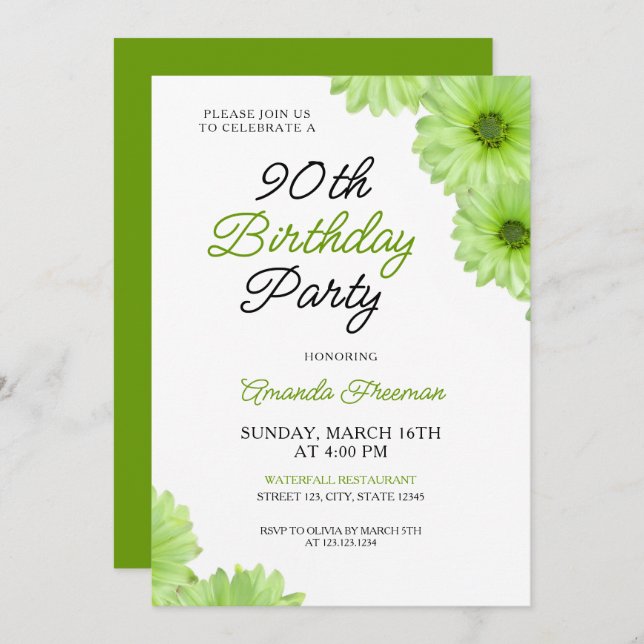 Invitation Chic Green Floral 90e anniversaire Fête (Devant / Derrière)
