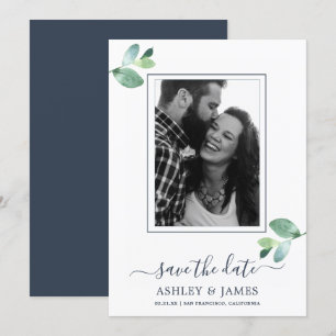 Invitation Chic Green Foliage Bleu foncé Photo Enregistrer la
