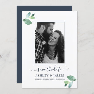Invitation Chic Green Foliage Bleu foncé Photo Enregistrer la