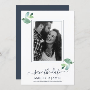 Invitation Chic Green Foliage Bleu foncé Photo Sauvez la date