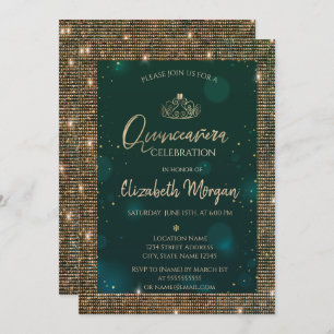 Invitation Chic Green Gold Tiara, Séquins Green Quinceañera