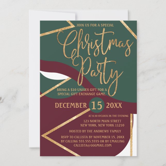 Invitation Chic Green Red Gold Parties scintillant Geo Christ (Devant)