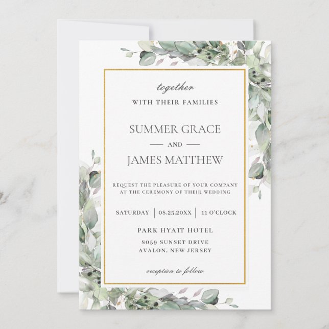 Invitation Chic Green Sage Gold Mariage de feuillage vert (Devant)