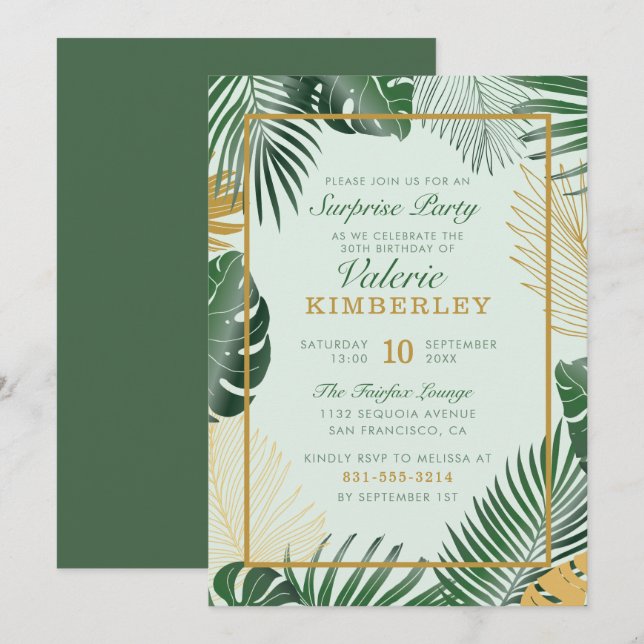 Invitation Chic Green Tropical Feuilles Trendy Surprise (Devant / Derrière)