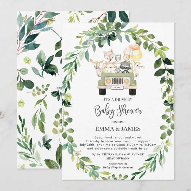 Invitation Chic Green Woodland Drive Par Baby shower Parade (Devant / Derrière)
