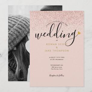 Invitation Chic Heart Rose Gold Pailleté Photo Mariage