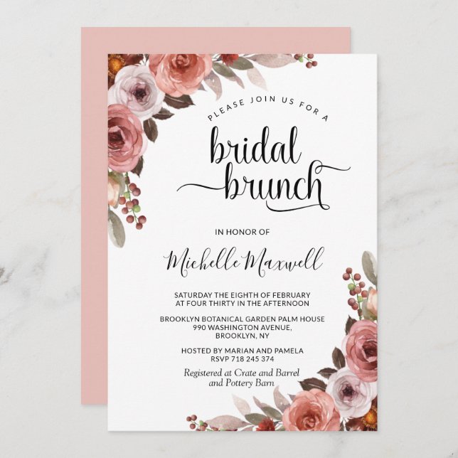 Invitation Chic Heaven en Rose, Brunch nuptial floral (Devant / Derrière)