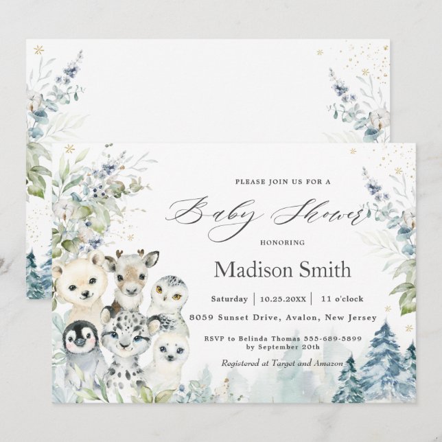 Invitation Chic Hiver Arctique Baby shower des animaux alpins (Devant / Derrière)
