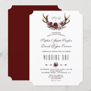 Invitation Chic Hiver Bourgogne Floral Antlers Gold Mariage
