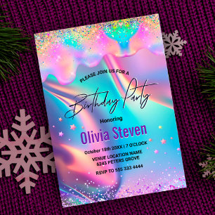 Invitation Chic holographique monogramme de parties scintilla