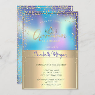 Invitation Chic Holographique Or Tiara, Diamonds Quinceañera