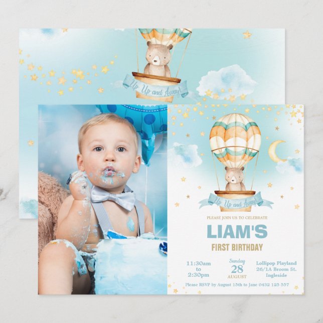 Invitation Chic Hot Air Balloon Teddy Bear Boy Birthday Photo (Devant / Derrière)