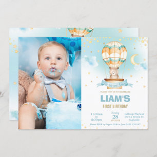 Invitation Chic Hot Air Balloon Teddy Bear Boy Birthday Photo