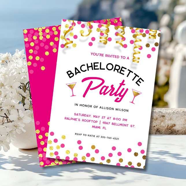 Invitation Chic Hot Pink & Gold Dots Bachelorette Party (Créateur téléchargé)