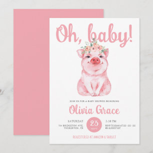 Invitation Chic Hot rose petit cochon Baby shower bébé fille