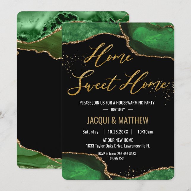Invitation Chic House Party Emerald Green Agate Marbre (Devant / Derrière)
