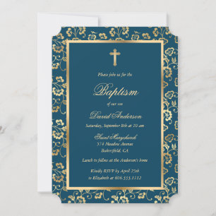 Invitation Chic Indigo Dye Gold Cross Script Floral Baptism