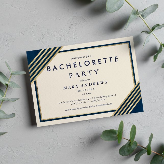 Invitation Chic ivoire marine bleu faux or Bachelorette Party (Pink peony rose gold terrarium floral wedding)