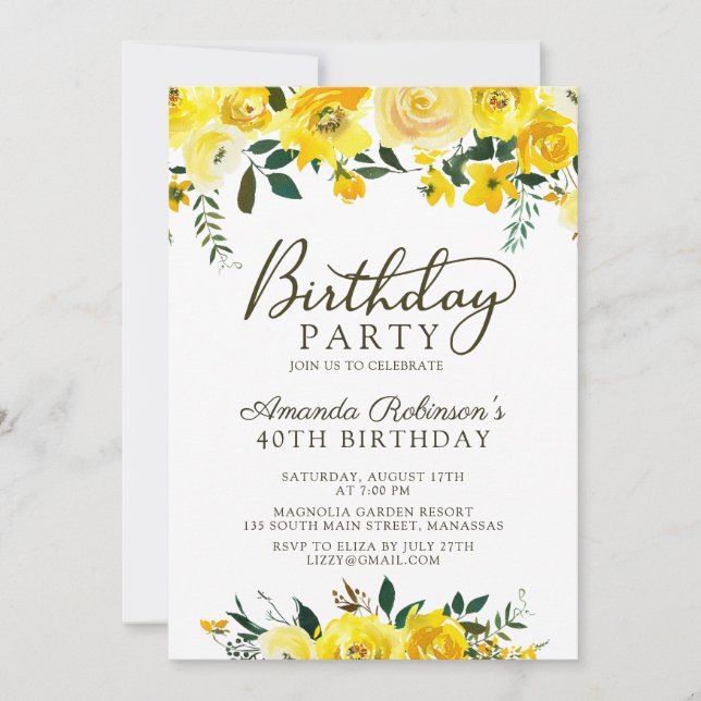 Invitation Chic Jaune Aquarelle Rose Floral 40e anniversaire (Devant)